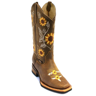 Brown leather narrow square toe boot with sunflower embroidery