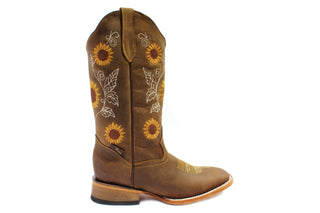 Side view of a brown leather square toe boot with sunflower embroidery