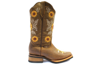 Side view of a brown leather narrow square toe boot with sunflower embroidery