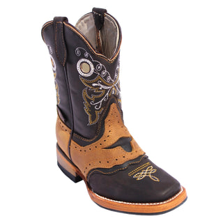 Black and honey leather boots with a bull head cut out and yellow and white embroidery
