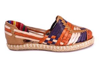 Side view of a traditional style leather huarache multicolor and honey