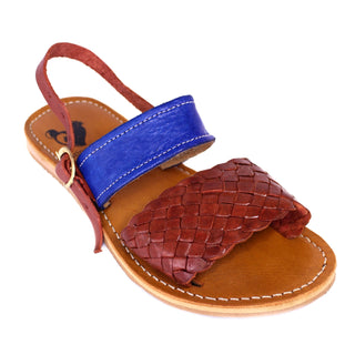 Leather woven double strap sandals with an ankle buckle in the color chestnut and blue