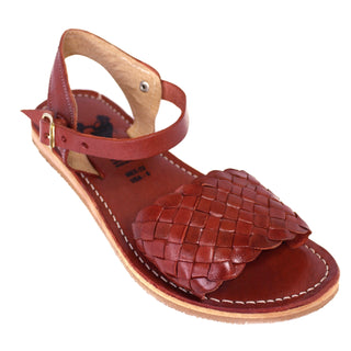 Leather woven strap sandal with an ankle buckle in the color chestnut