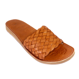 Honey colored leather woven slide sandal with floral imprint on the innersole
