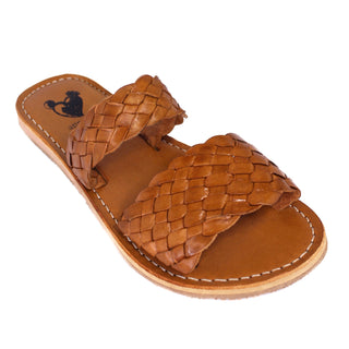 Leather woven double strap slide on sandals in the color honey