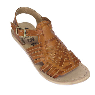 Opened toe leather woven sandal in the color honey