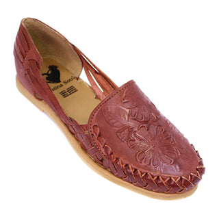Classic chestnut colored leather women's huarache with a floral imprint face