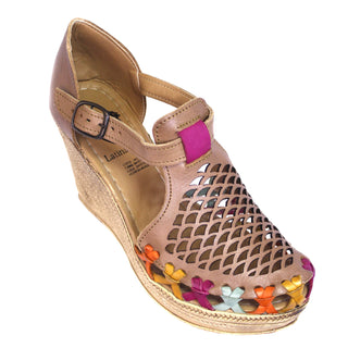 Closed toe wedge with leather net design cut out and bright multicolor leather woven face trimming