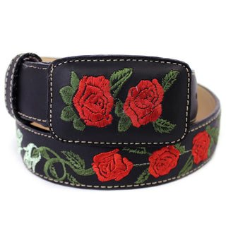 Leather Rose Belt w/ Square Buckle - Black