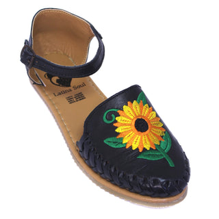 Black colored leather closed toe sandal with an ankle buckle and a sunflower embroidery on the face