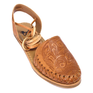 Honey colored leather lace-up huaraches with a floral imprint face