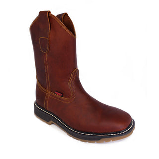 Leather pull up work boots in the color chestnut