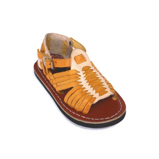 Opened toe leather woven kid's huarache in the color honey and white