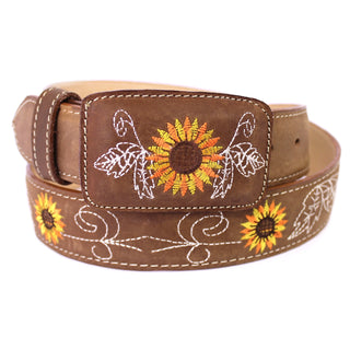 Leather Sunflower Belt w/ Square Buckle - Honey