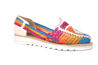 Side view of bright white and multicolored classic designed leather platform huarache with white outsole