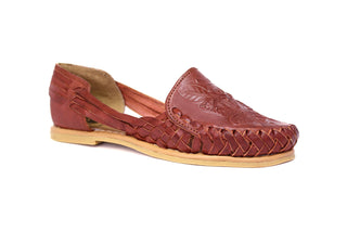 Side view of a classic chestnut colored leather women's huarache with a floral imprint face