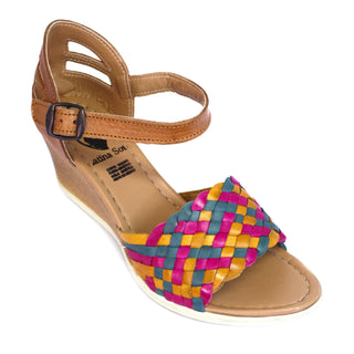 Leather wedge sandals with a bright multicolored strap and an ankle buckle
