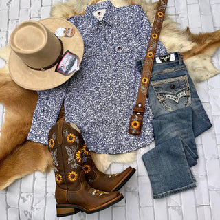 Bandoleros Western Cowgirl Shirt - White & Blue