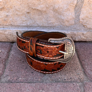 American Bison Tooled Leather Belt - Honey