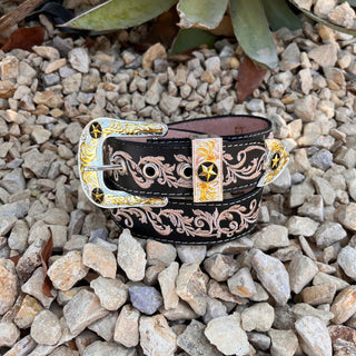 Leather Belt w/ Embroidered Print- Black