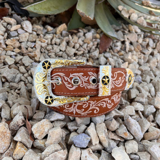 Leather Belt w/ Embroidered Print- Honey